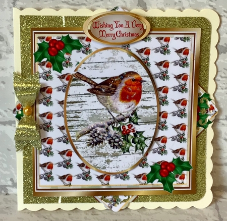 lovely robin on a branch with holly 8x8 by Anita Henery