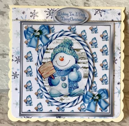 Cute snowman in knitted hat with bows 8x8 by Anita Henery