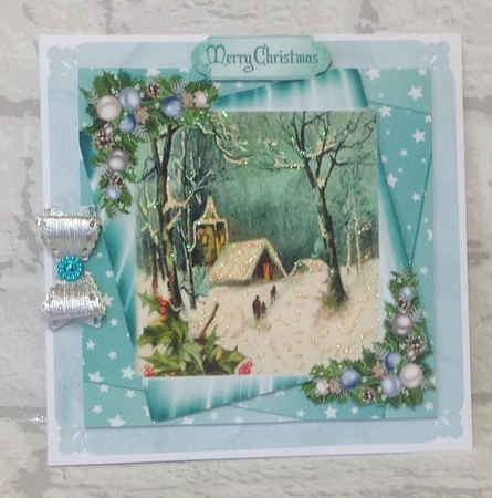 Lovely church scene in the snow with baubles 8x8 by Anita Henery