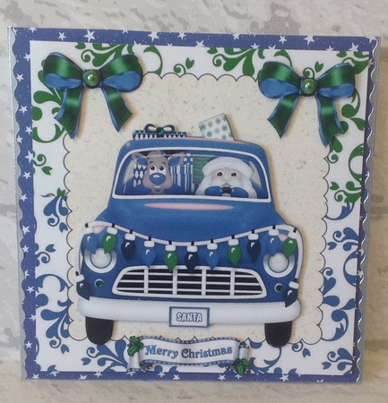 Christmas santa in a car with rudolph and presents (blue) 8x8 by Anita Henery