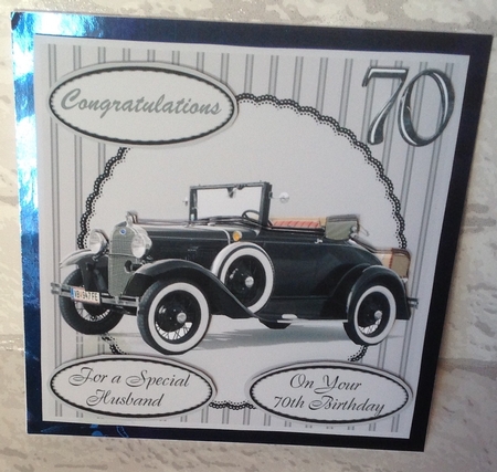 70th Birthday card front with decoupage vintage Ford convertible car & family tags by Anita Henery