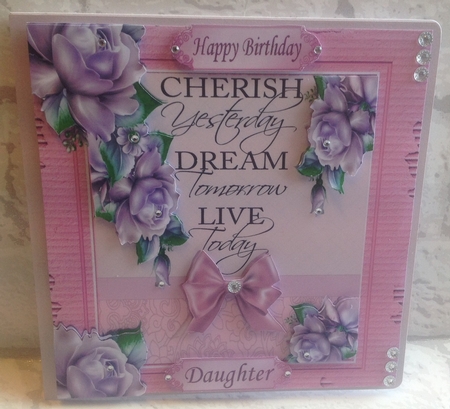 pretty roses with pink bow with sentiment card front 8x8 by Anita Henery
