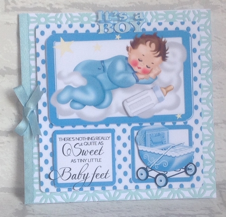 Cute sleepy baby boy with bottle and blue pram 8x8 window card by Anita Henery
