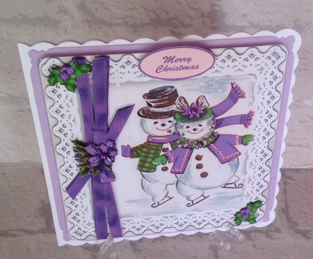 4 Lovely coloured  snowmen on lace with bow 8x8 mini kit by Anita Henery