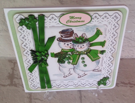 4 Lovely coloured  snowmen on lace with bow 8x8 mini kit by Anita Henery