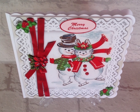 4 Lovely coloured  snowmen on lace with bow 8x8 mini kit by Anita Henery