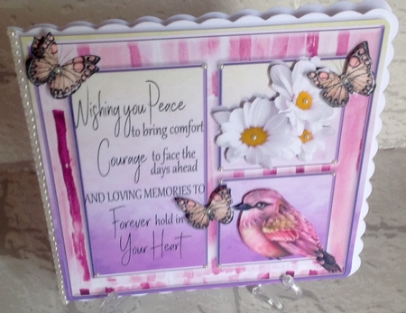 White daisies, and little pink bird with sympathy verse card front 8x8 by Anita Henery