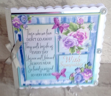  roses and pretty pink butterflies with sympathy verse window card front 8x8 by Anita Henery