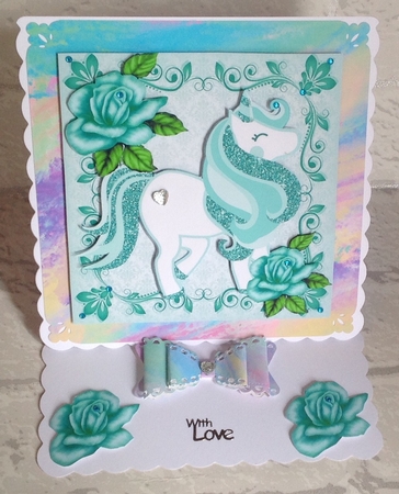 4 Lovely Coloured Glitter unicorns with roses 8x8 card fronts Mini Kit (set1) by Anita Henery