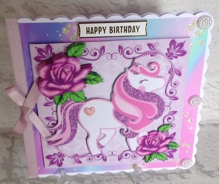 4 Lovely Coloured Glitter unicorns with roses 8x8 card fronts Mini Kit (set1) by Anita Henery