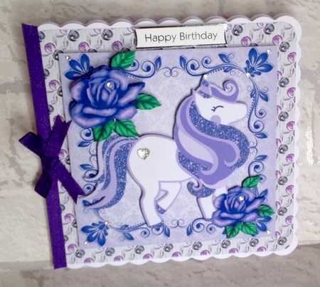 4 Lovely Coloured Glitter unicorns with roses 8x8 card fronts Mini Kit (set1) by Anita Henery