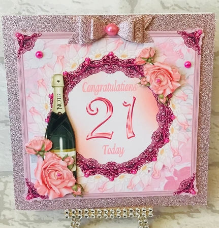 21st Birthday or anniversary card with roses and Champagne bottle decoupage by Anita Henery