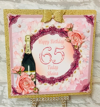 65th Birthday or anniversary card with roses and Champagne bottle decoupage by Anita Henery