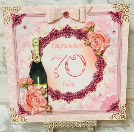 70th Birthday or anniversary card with roses and Champagne bottle decoupage by Anita Henery