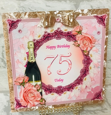 75th Birthday or anniversary card with roses and Champagne bottle decoupage by Anita Henery