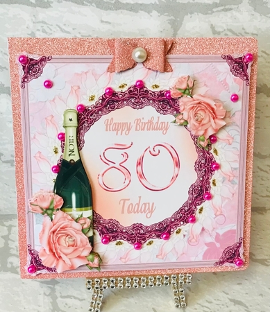 80th Birthday or anniversary card with roses and Champagne bottle decoupage by Anita Henery