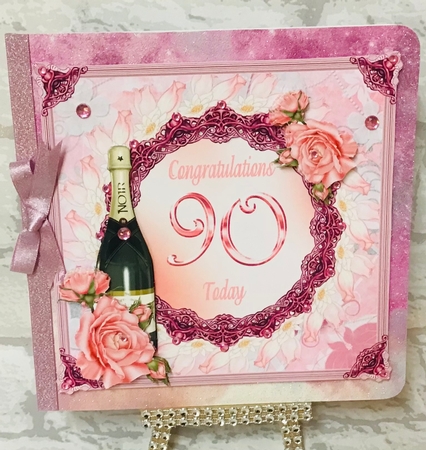 90th Birthday or anniversary card with roses and Champagne bottle decoupage by Anita Henery