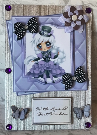 Steam girl Belle in purple quilt frame with Blk/bows 7x7 by Anita Henery