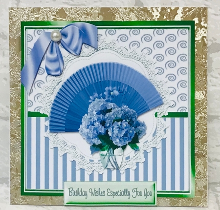 Pretty purple fan with vase of flowers in ornate card front 8x8 by Anita Henery