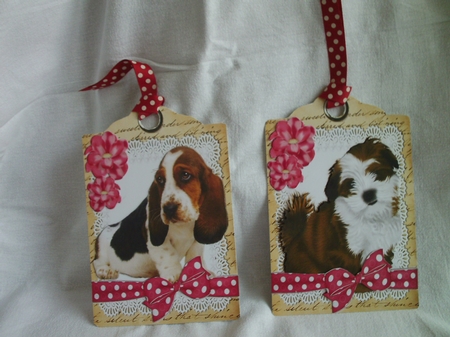 6 Cute puppies on lace with bows and flowers on A5 tags bumper kit by Ann Blackman