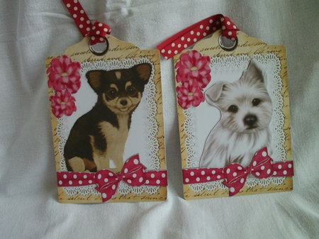 6 Cute puppies on lace with bows and flowers on A5 tags bumper kit by Ann Blackman