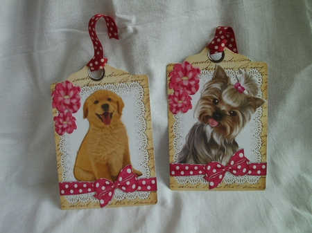 6 Cute puppies on lace with bows and flowers on A5 tags bumper kit by Ann Blackman