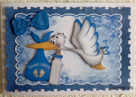 Special Delivery Stork with Baby Boy & Bottle by Ann Ramsell