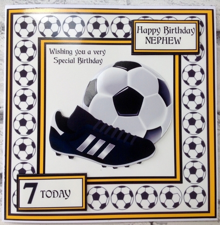 FOOTBALL BIRTHDAY CARD FOR BOYS AGED 4-9. GOLD & BLACK by Ann Ramsell