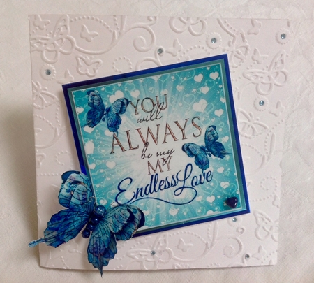 My Endless Love  with script and blue butterflies card front 8x8 by Ann Ramsell