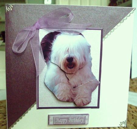 Old English Sheepdog Laid 3D Decoupage with Background by Ann Ramsell