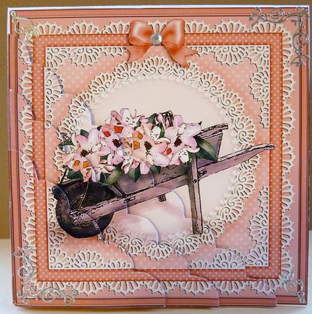 Flower Filled Wheelbarrow Scallop Corner Side Stacker by Ann Ramsell