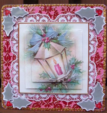 Christmas Lantern Lace N Damask Square Card Front by Ann Ramsell