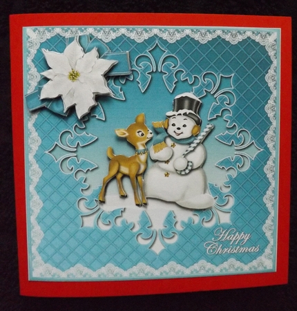 Snowman and Deer Blue Snowflake Panel Card Front by Ann McKenzie
