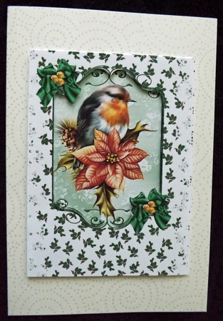 Red Robin on a Plaque with Holly & Poinsettias A4 by Ann McKenzie