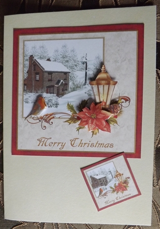 Snowy Cottage Robin Poinsettia & Lantern by Ann McKenzie