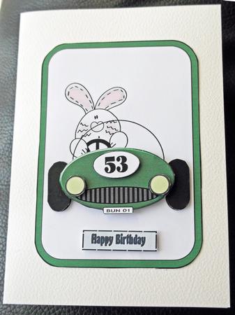 Bunny in Green Car Fathers Day/birthday by Ann McKenzie