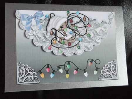 Cute Teddy with Christmas Lights on Scalloped Envelope by Ann McKenzie