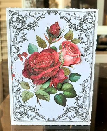 Black Ornate Scroll Gothic A4 Card With Red Roses  by Lorrae Nicklen