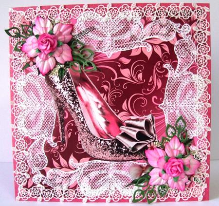 Pink Sparkly Shoe with Roses on Lace 8x8 by Annatjie van Wyk