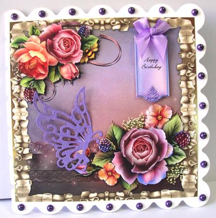 English Roses and Butterfly 8x8 Card Front with Decoupage by Annatjie van Wyk