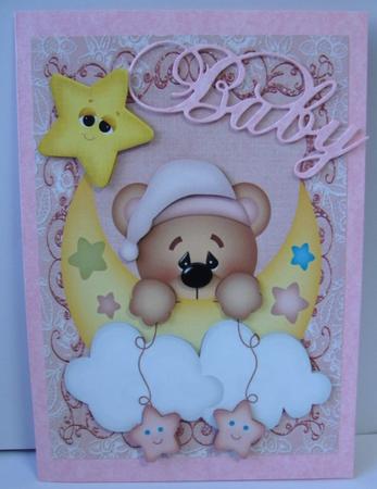 Sweet Dreams Little Teddy in Pink with Moon and Stars A4 by Annatjie van Wyk