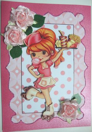 Bubblegum Waitress on Rollerskates with Roses by Annatjie van Wyk