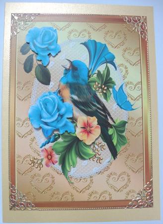 Gold Ornate Frame with Pretty Bird & Flowers A4 by Annatjie van Wyk