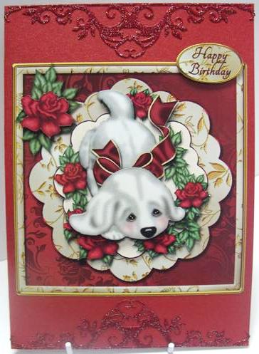 Puppy with Roses on Scalloped Panel Card Front by Annatjie van Wyk