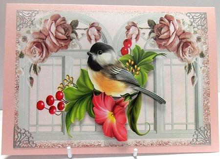 Pretty Bird with Petunias and Pink Roses A4 by Annatjie van Wyk