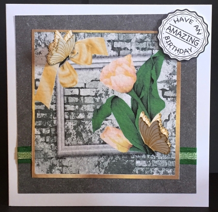 pretty corner gold tulips & butterflies with brick effect wall 8x8 by Anne Sutherland