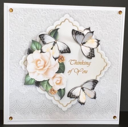 Camelia & Butterflies on lace topper by Anne Sutherland