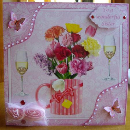 8x8ins Pink Flowers Sister Birthday Decoupage Card Front by Anne Sutherland