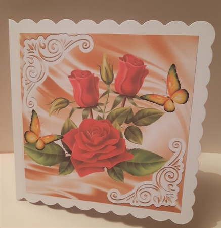 Pretty satin and ornate corners in gold card front with red roses 8x8 by Anne Jackson