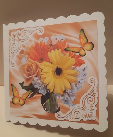 Pretty satin and ornate corners in gold, with vase of flowers 8x8 by Anne Jackson